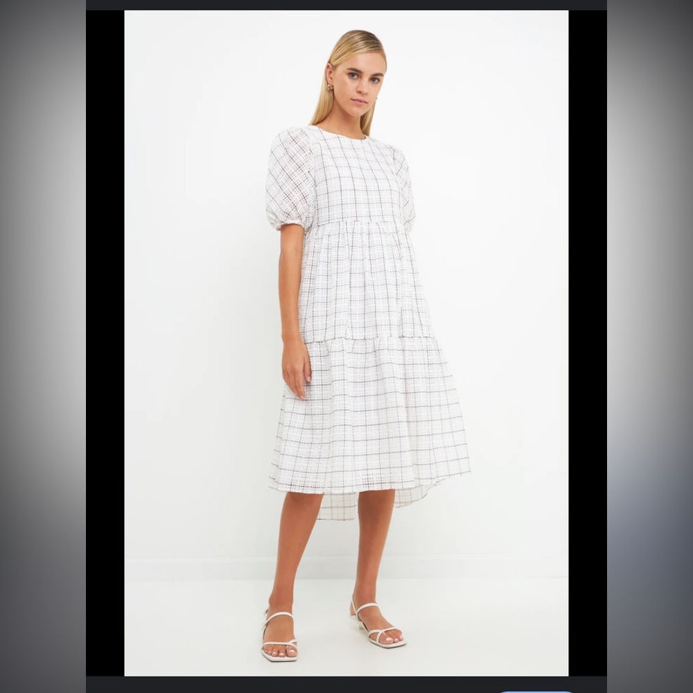 English Factory Dress- Puff Sleeves white/gray grid pattern